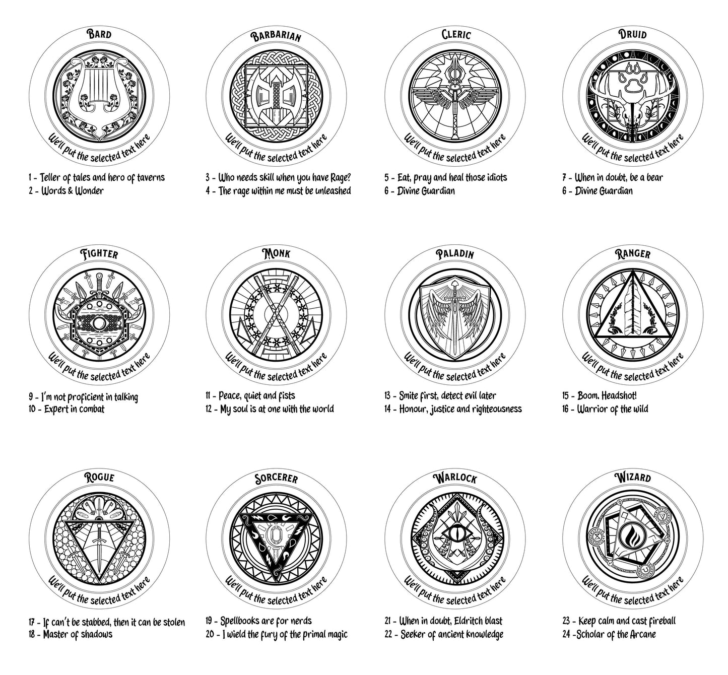 Lancia dadi in cuoio riportante un'emblema delle classi di DnD, personalizzabile con nome o motti, portatile, regalo dnd