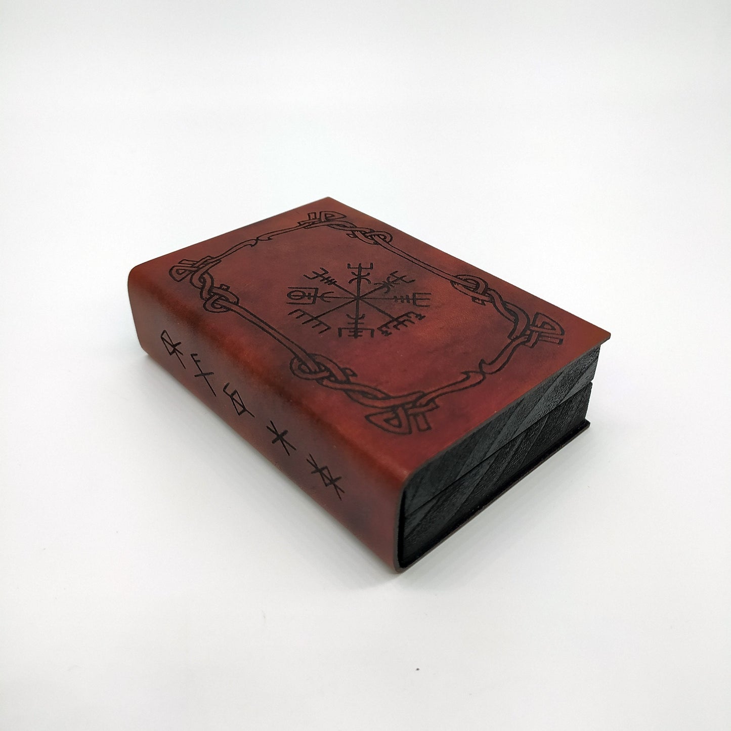 Cofanetto porta e lancia dadi in legno e pelle vichingo Vegvisir Aegishjalmur rune  - Wooden and leather dice box and tray viking themed