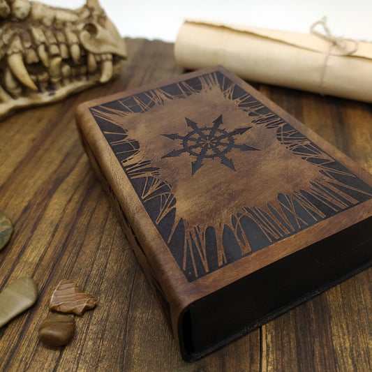 Cofanetto porta e lancia dadi in legno e pelle chaos warhammer demoni stella - Wooden and leather dice box and tray warhammer chaos themed