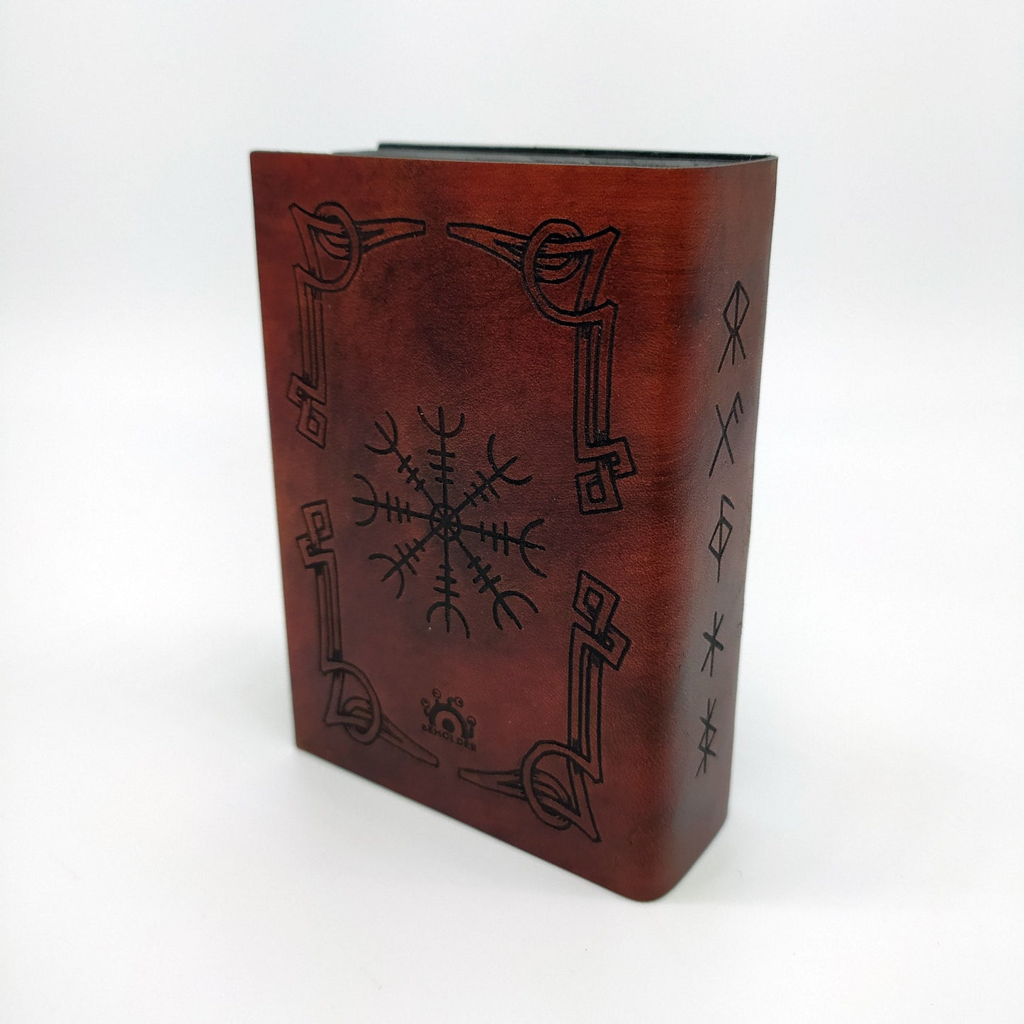 Cofanetto porta e lancia dadi in legno e pelle vichingo Vegvisir Aegishjalmur rune  - Wooden and leather dice box and tray viking themed