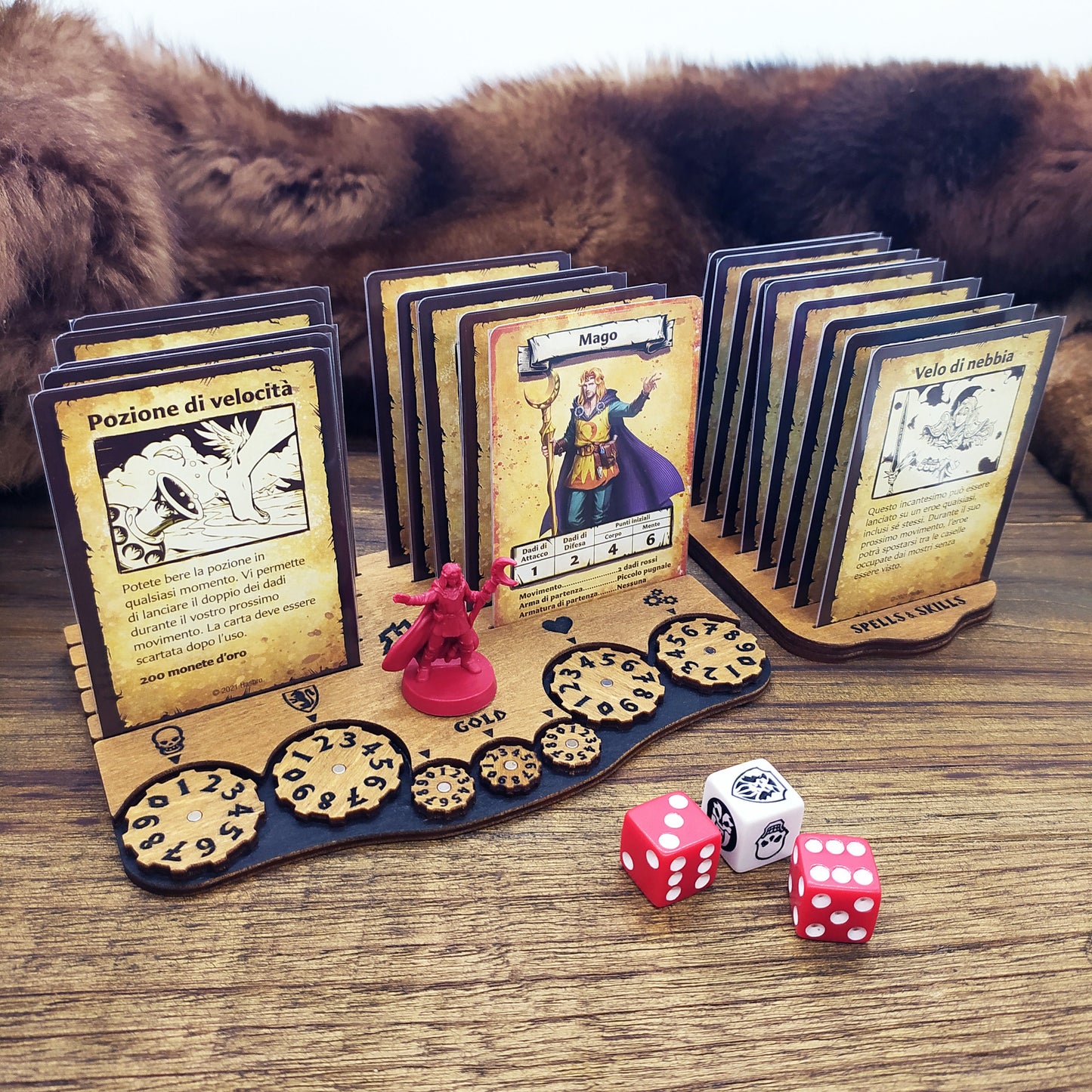 Dashboard Giocatore Heroquest in Legno, Porta Carte e Contatori Punti Corpo, Mente, Attacco, Difesa e Oro. Compatibile 1989 e 2021