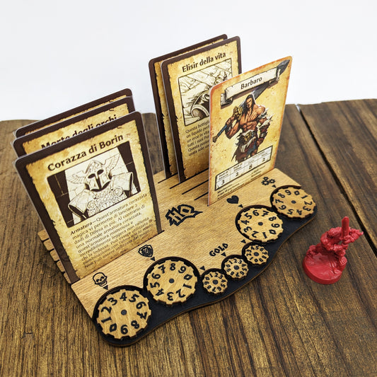 Dashboard Giocatore Heroquest in Legno, Porta Carte e Contatori Punti Corpo, Mente, Attacco, Difesa e Oro. Compatibile 1989 e 2021