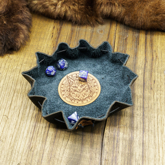 Borsa Porta Dadi e Lancia Dadi in Pelle con Emblema di Gatto Mistico - Vera Pelle Italiana adatto a Giochi di Ruolo, da Tavolo o Wargame