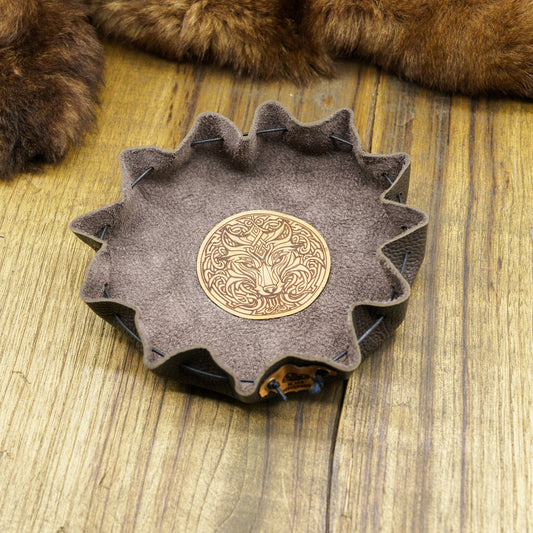 Borsa Porta Dadi e Lancia Dadi in Pelle con Emblema di Lupo Celtico - Vera Pelle Italiana adatto a Giochi di Ruolo, da Tavolo o Wargame