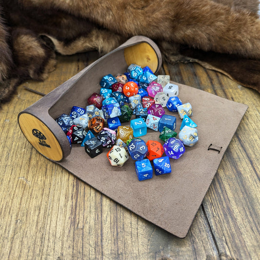 Pergamena porta dadi in legno e vera pelle per DnD e giochi di ruolo, Taglia XL