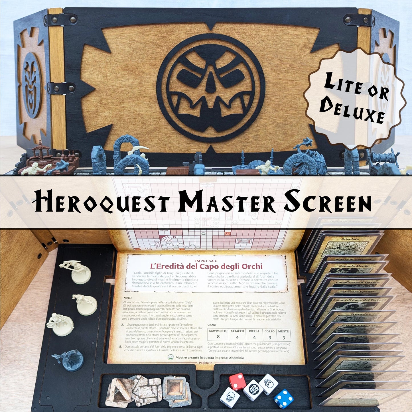 Schermo del Master HeroQuest in legno, versione Lite o Deluxe – Vassoio per carte, dadi, token, Questbook e tablet – Zargon Organizer