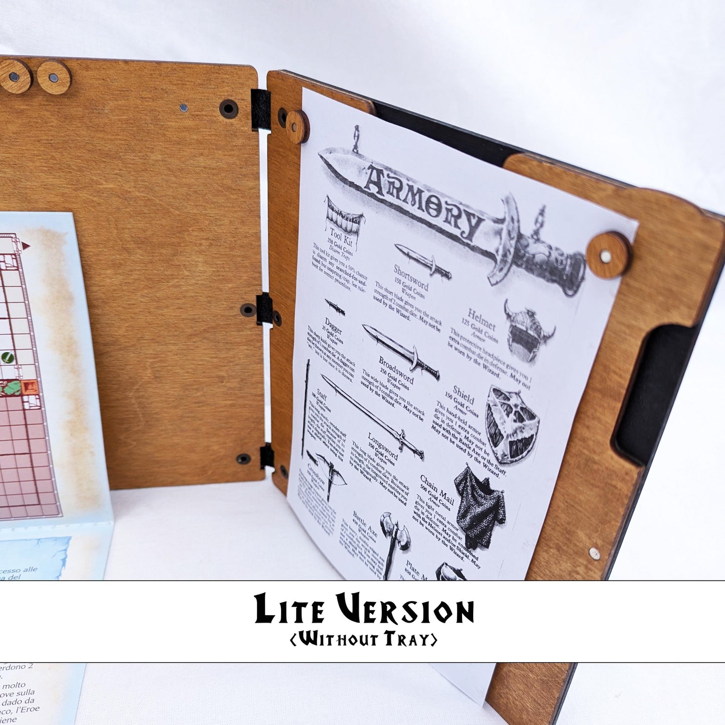 Schermo del Master HeroQuest in legno, versione Lite o Deluxe – Vassoio per carte, dadi, token, Questbook e tablet – Zargon Organizer