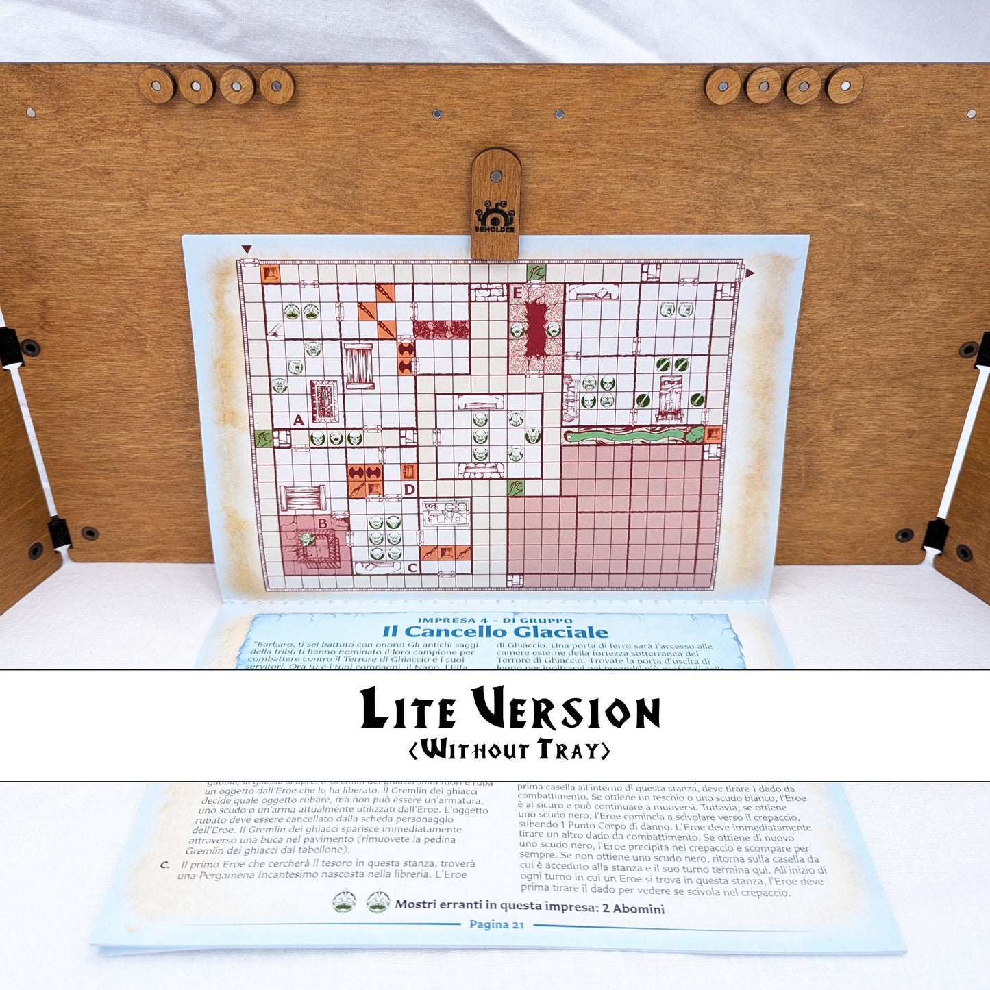 Schermo del Master HeroQuest in legno, versione Lite o Deluxe – Vassoio per carte, dadi, token, Questbook e tablet – Zargon Organizer
