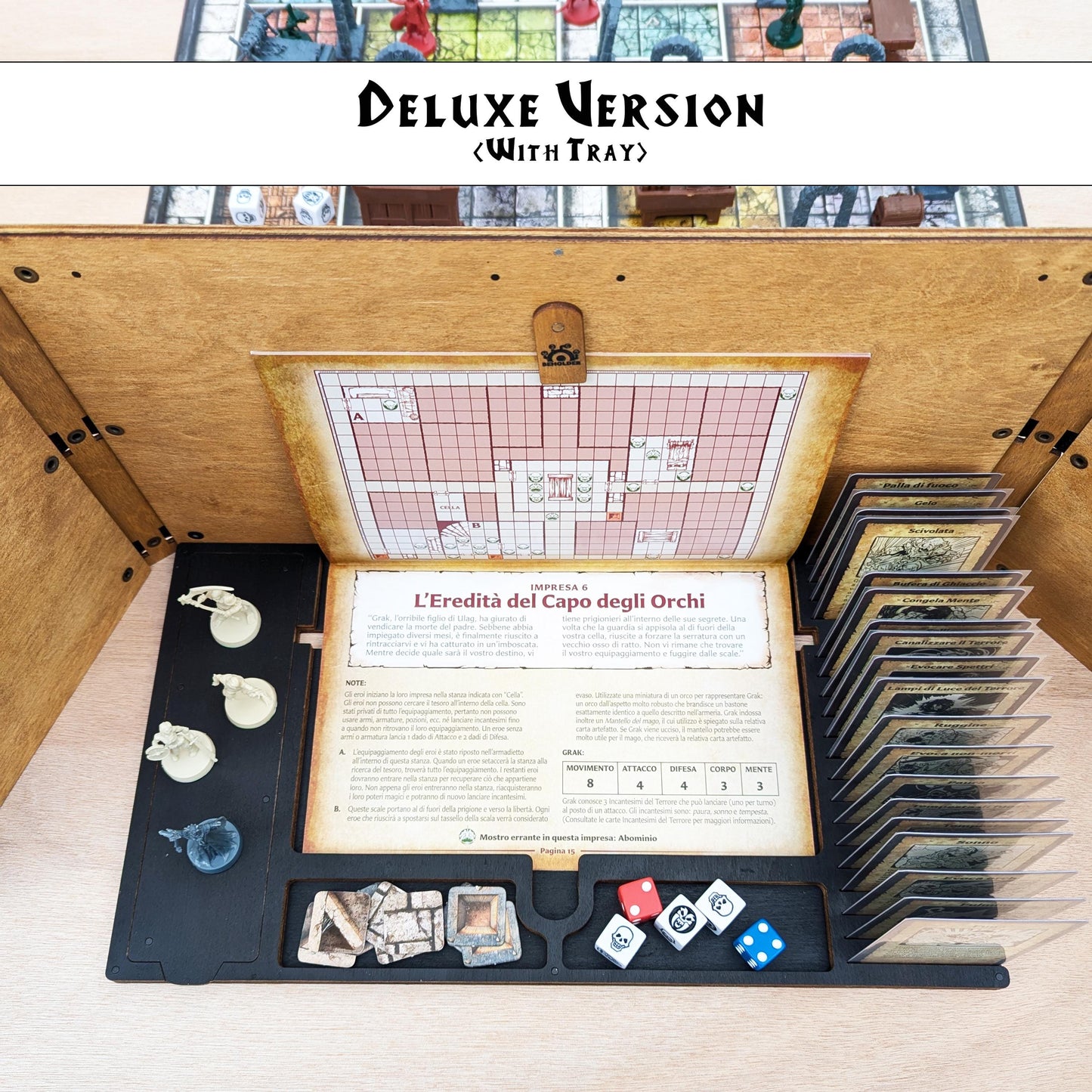 Schermo del Master HeroQuest in legno, versione Lite o Deluxe – Vassoio per carte, dadi, token, Questbook e tablet – Zargon Organizer