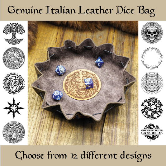 Sacca Porta Dadi e Vassoio in Pelle con Emblemi Tematici – Porta Dadi in Vera Pelle Italiana per Giochi da Tavolo e di Ruolo