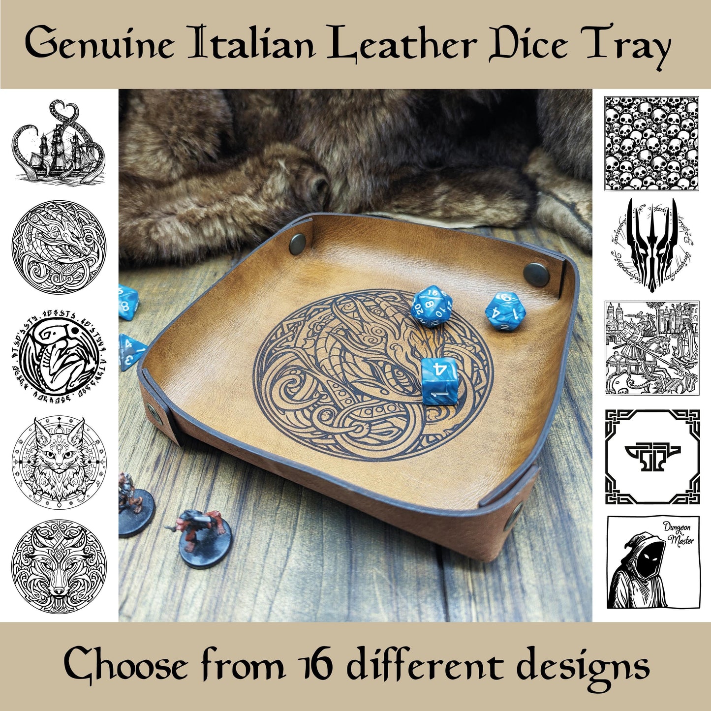 Lancia Dadi in Vera Pelle – Portatile, Vuota tasche, GDR, Giochi da Tavolo e wargames | 16 Design: Cthulhu, LOTR, Drago, Lupo, DM e altri