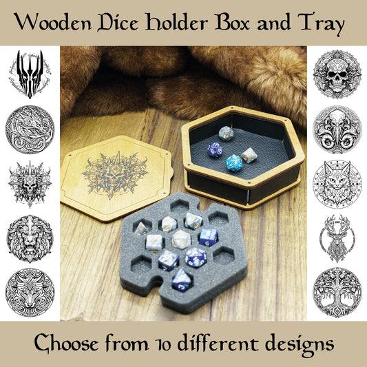 Porta Dadi in Legno e Vassoio con Inserto in Foam e Incisioni Tematiche – Lanciadadi Multi-Design per Giochi da Tavolo, GDR e Wargame