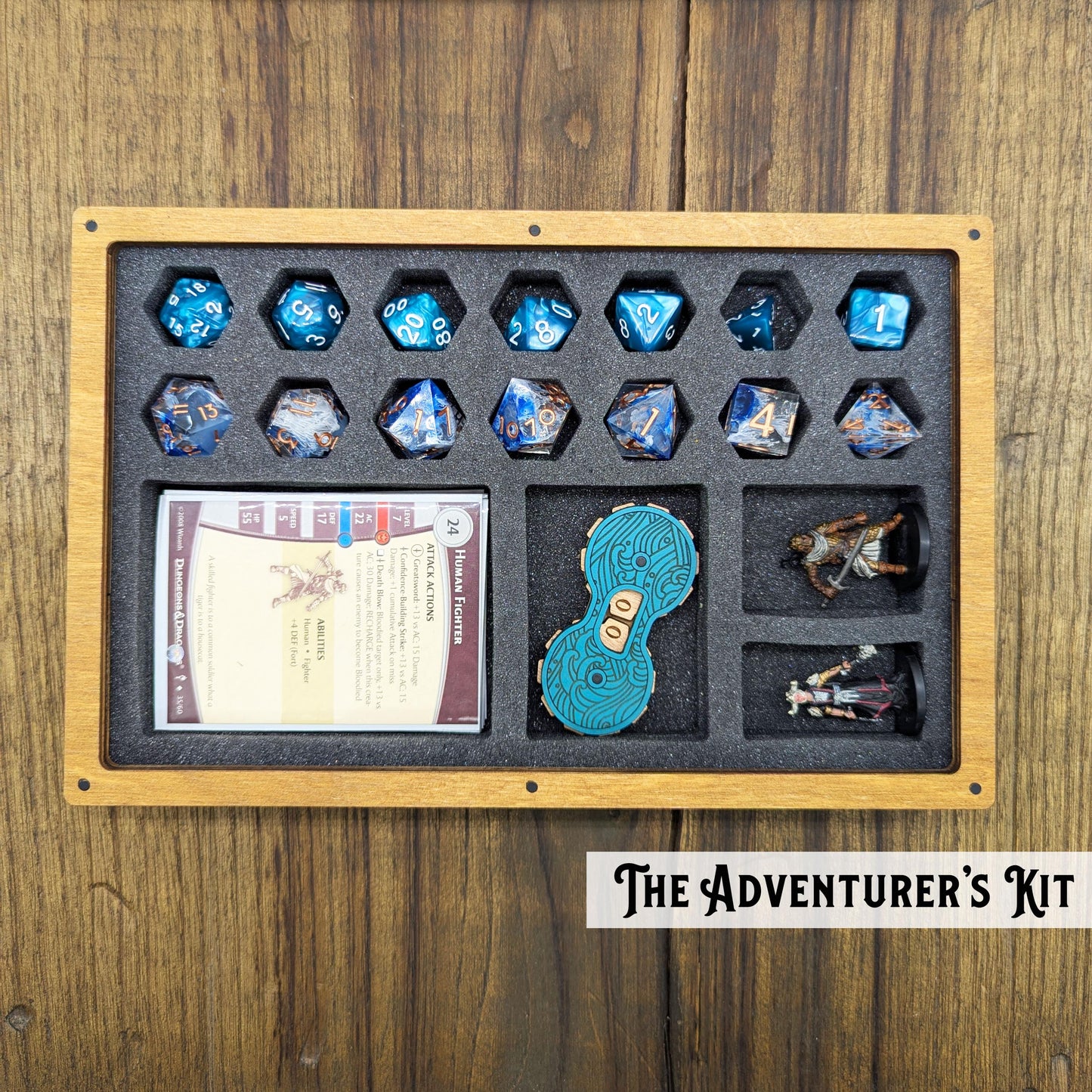 Kit dell'Avventuriero in legno con Inserto in Foam per Miniature, Carte, Dadi, Schede, Varie. Scatola portatile per DnD, Giochi di Ruolo