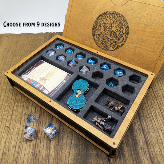 Kit dell'Avventuriero in legno con Inserto in Foam per Miniature, Carte, Dadi, Schede, Varie. Scatola portatile per DnD, Giochi di Ruolo