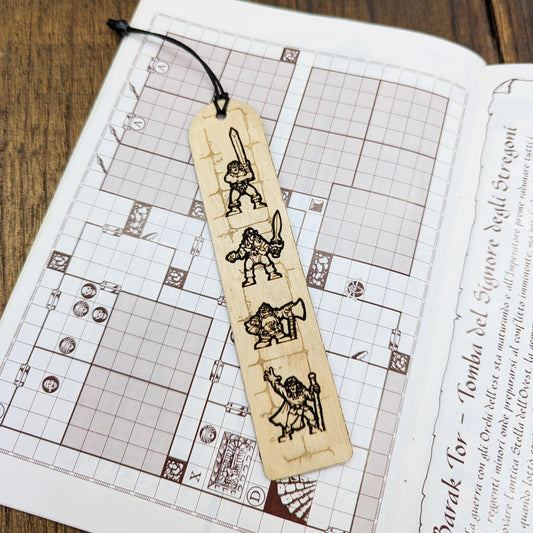 Segnalibro in legno ispirato a HeroQuest – Personaggi 1989 – Accessorio per lettori e collezionisti – Barbaro, Nano, Elfo, Mago