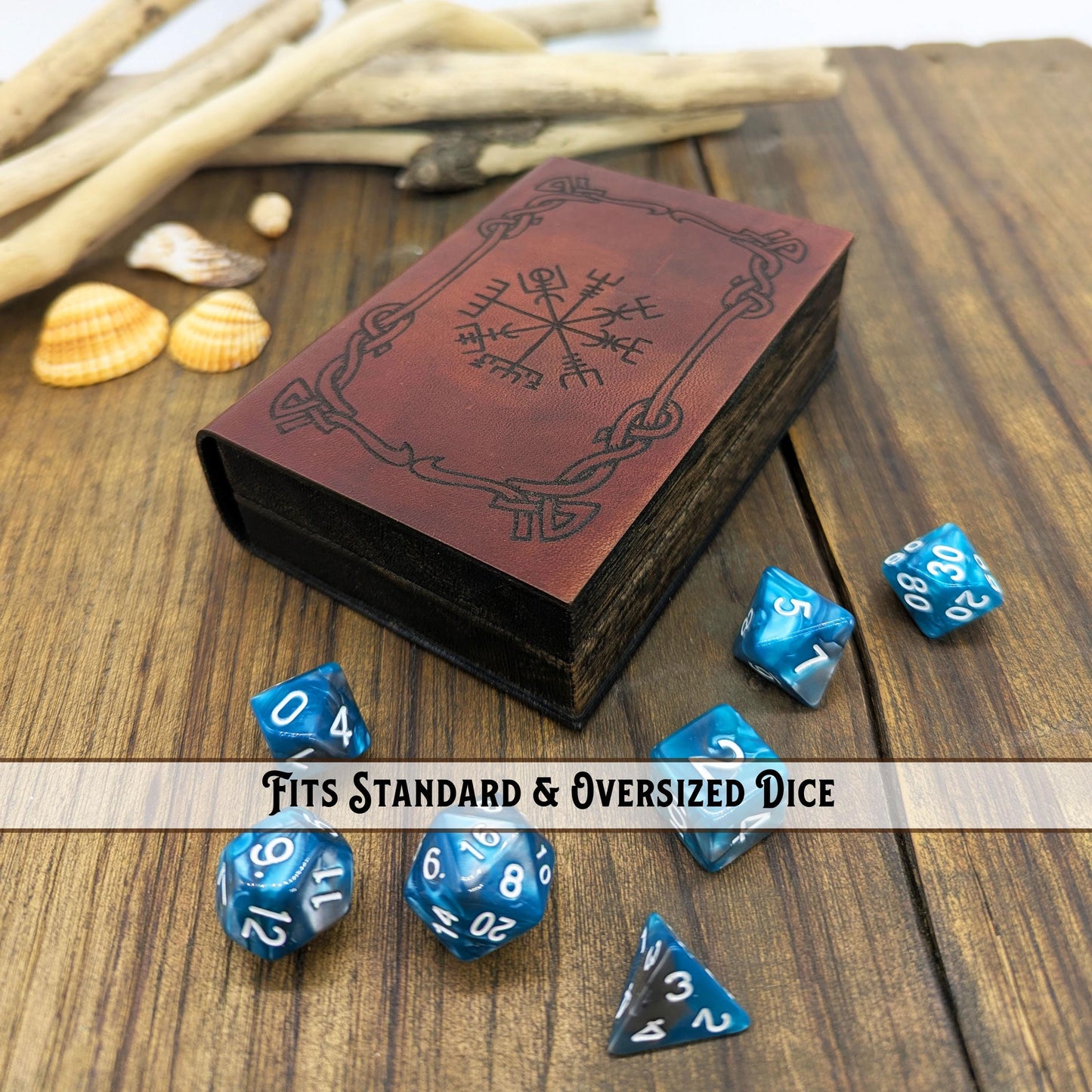 Cofanetto Porta Dadi in Pelle Vichingo – Custodia e Tiradadi in Legno a Forma di Libro Vegvisir Aegishjalmur