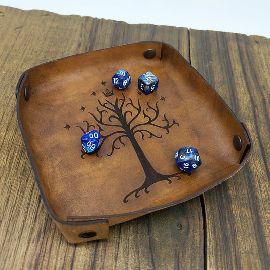 Lancia Dadi in Cuoio Toscano a Concia Vegetale con Albero di Gondor – LOTR, MESBG e GdR