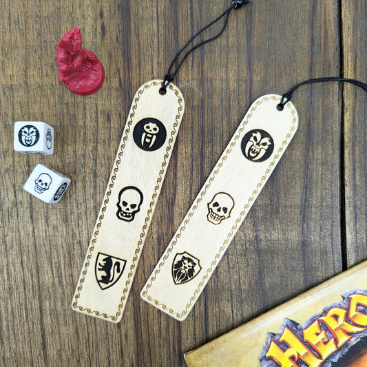 Segnalibro in legno ispirato a HeroQuest – Icone dado da combattimento 1989 o 2021 – Accessorio per lettori amanti Dungeon Crawler
